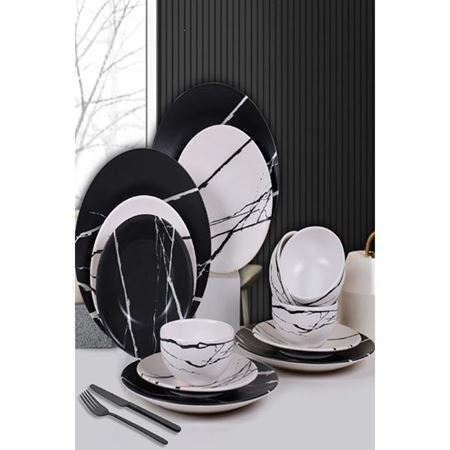 6 Kişilik 24 Parça Siyah Beyaz Mermer Yemek Takımı