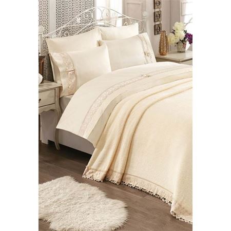 Çift Kişilik Fransız Güpürlü Yasmin Battaniyeli Nevresim Takımı Krem