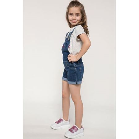 Mavi Baskılı Denim Kız Çocuk Tulum