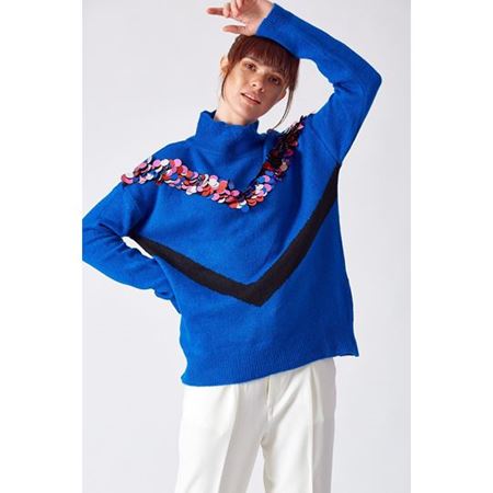 Payet Detaylı Kazak Saks Mavisi