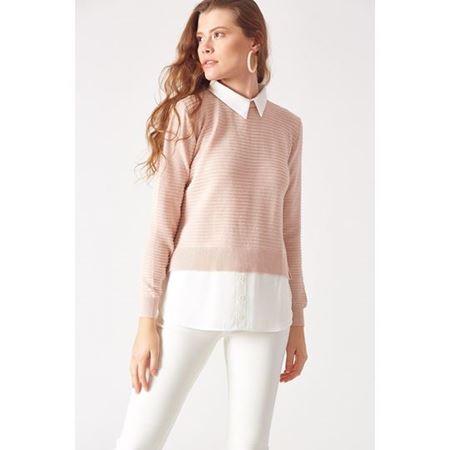 Gömlek Detaylı Triko Pudra