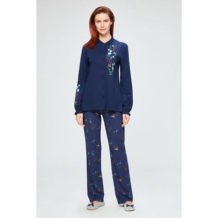 Lacivert Nakışlı Gömlek Uzun Kollu Pijama Takımı