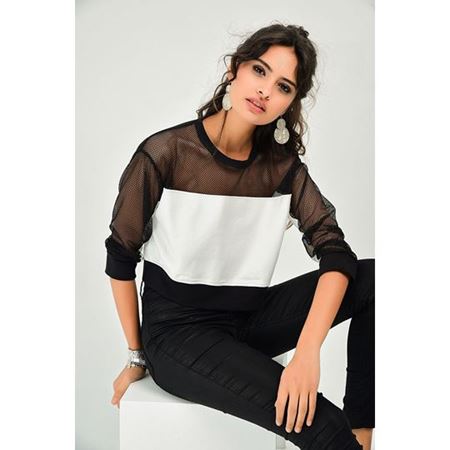 Kadın Siyah Ekru Top Crop File Detaylı Bluz