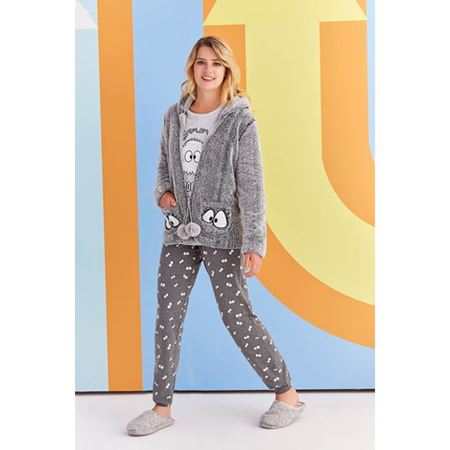 Açık Gri 3Lü Polarlı Pijama Takım