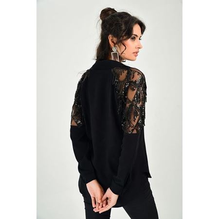 Siyah Payetli Püsküllü Gömlek