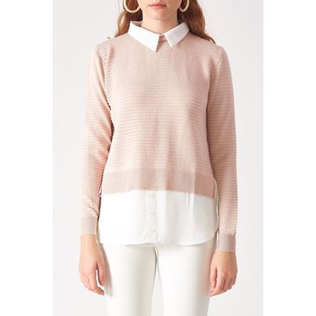 Gömlek Detaylı Triko Pudra