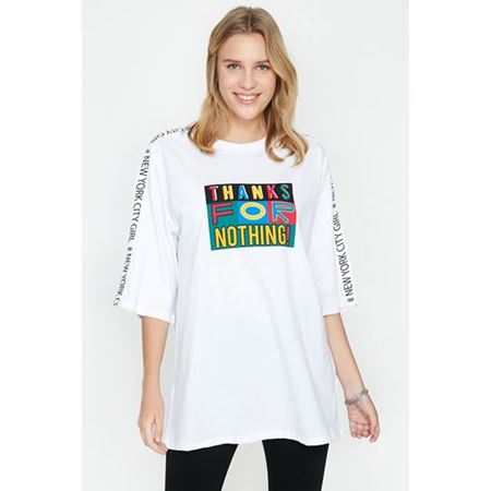 Kadın Beyaz Yazılı Baskılı Tunik