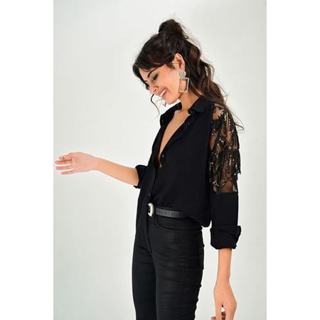 Siyah Payetli Püsküllü Gömlek