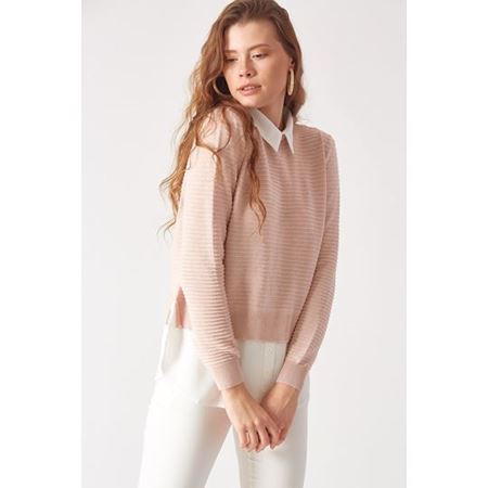 Gömlek Detaylı Triko Pudra