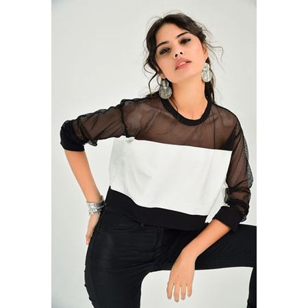 Kadın Siyah Ekru Top Crop File Detaylı Bluz