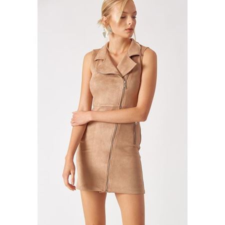 Fermuarlı Süet Elbise Taş